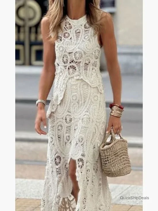 Crochet Knit Two Piece Skirt Set Sleeveless Tank Slim Fit - Picture 5 of 6